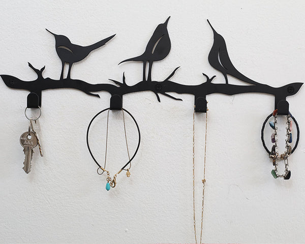 4 Hooks Wall Mounted Holder with Bird Décor 