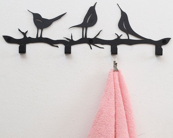 4 Hooks Wall Mounted Holder with Bird Décor 