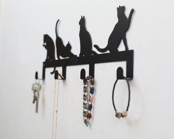 4 Hooks Wall Mounted Holder with Cat Décor 