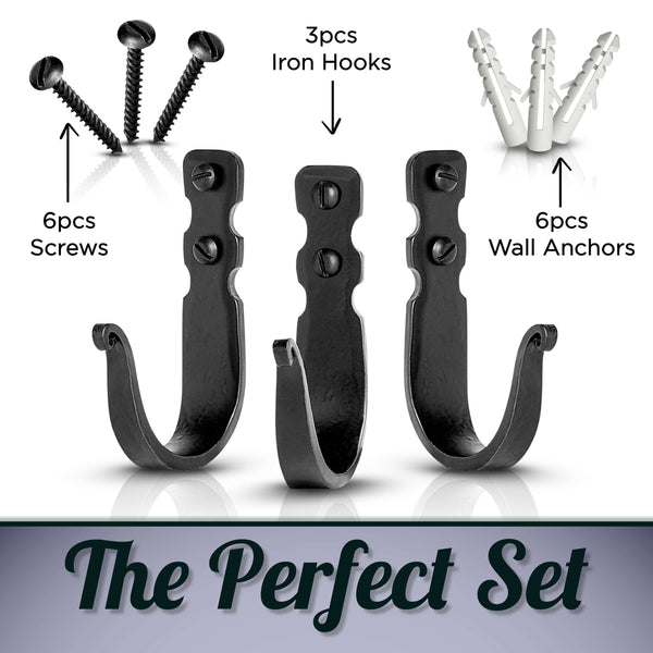 Basic Decorative Wrought Iron Wall Hooks  - Set Of 3 