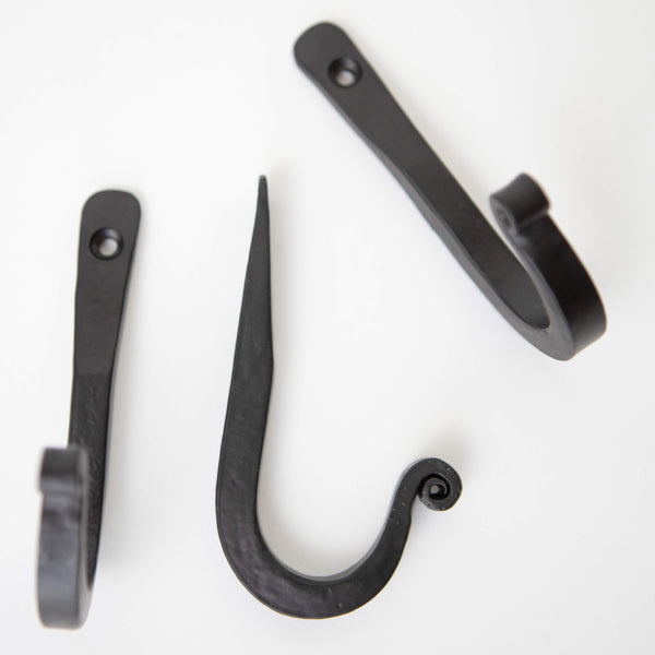 Handcrafted Basic Wrought Iron Wall Hooks - Set Of 3 