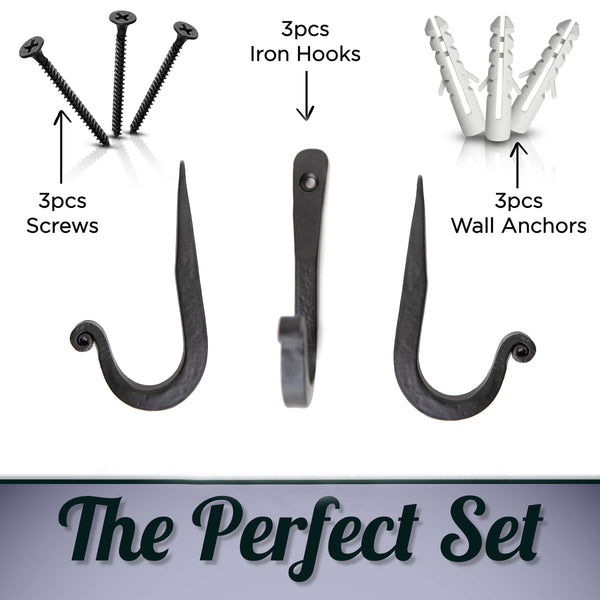 Handcrafted Basic Wrought Iron Wall Hooks - Set Of 3 